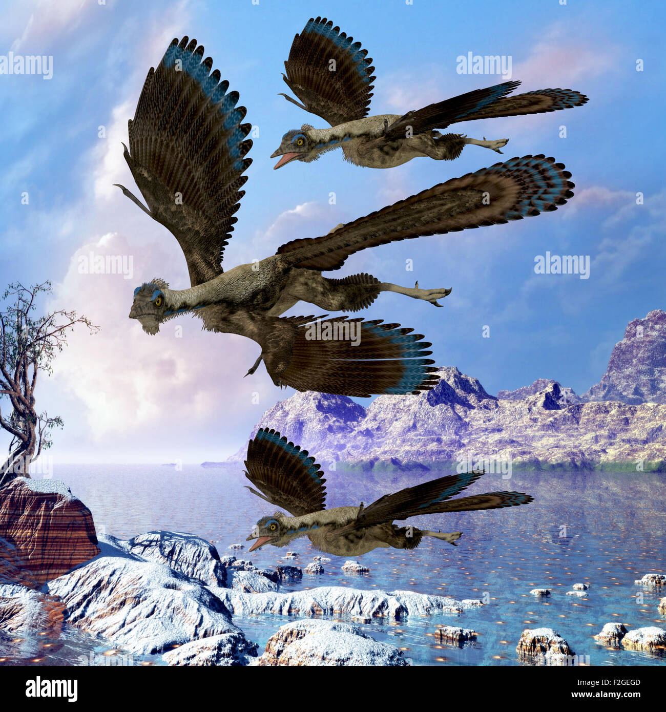 Archaeopteryx reptile birds fly near a shoreline hunting for fish on a