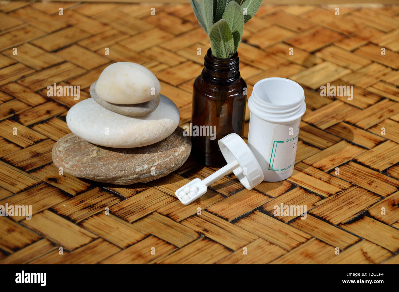 Bottles of homeopathic remedies and globules with fresh remedy plant