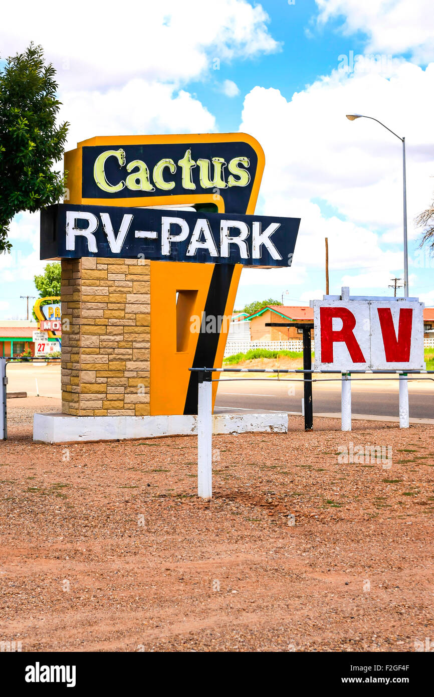 The Cactus RV Park entrance sign on Route 66 in downtown Tucumcari New