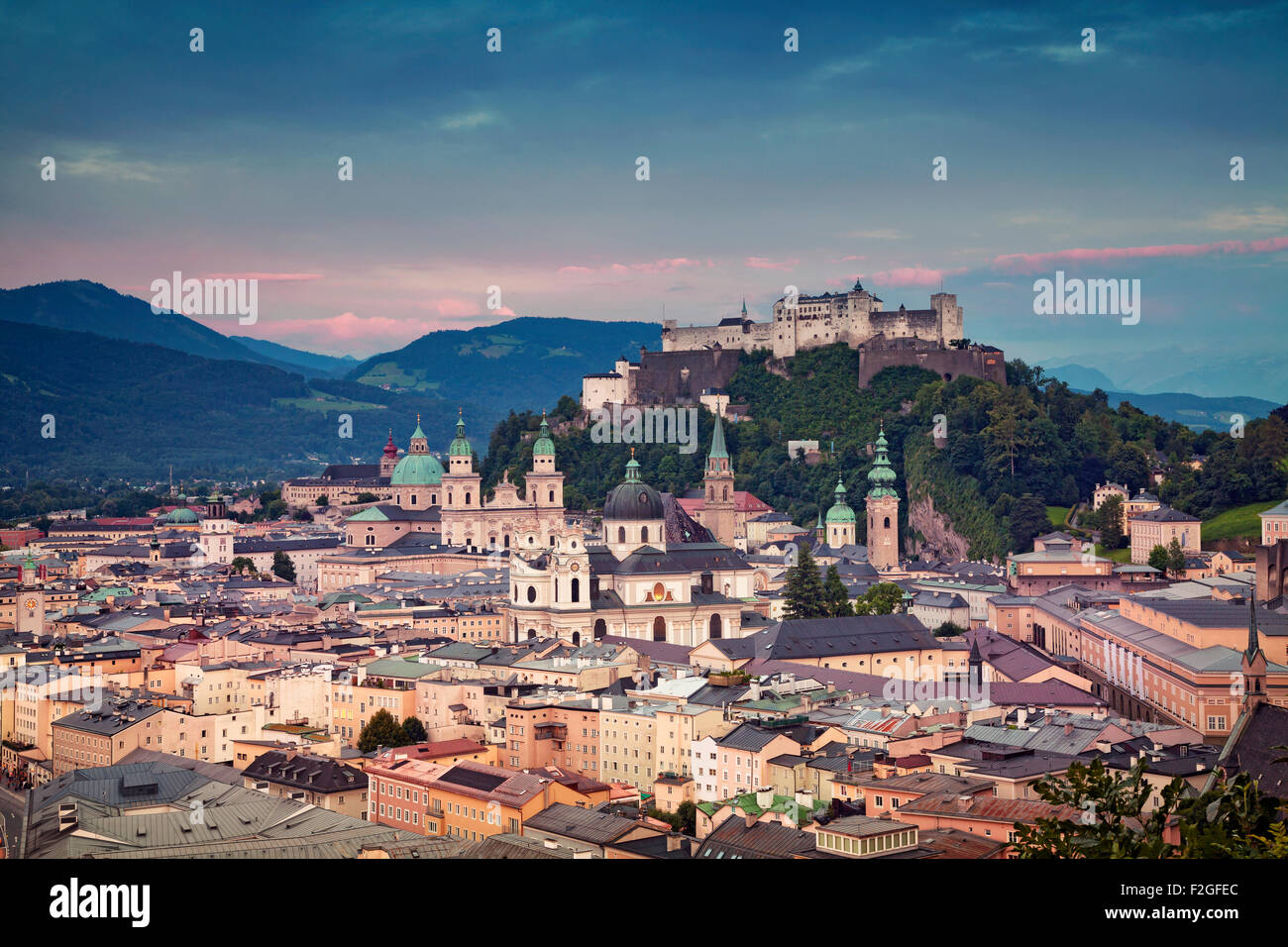 Salzburg, Austria. Image of Salzburg during twilight dramatic sunrise. Stock Photo