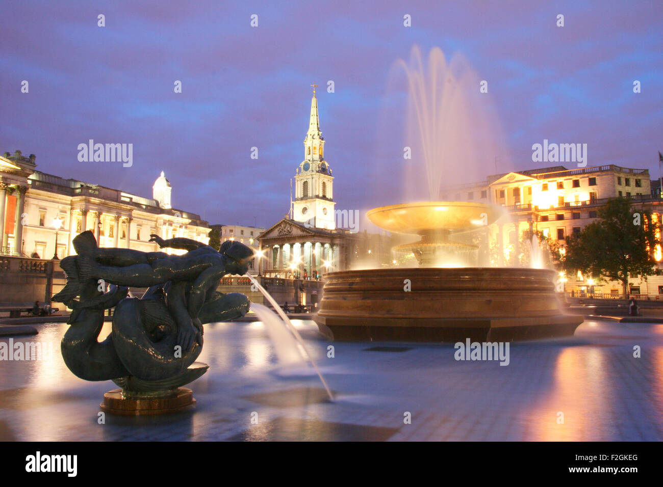 A view of Trafalgar square and the National Portrait Gallery at dusk Stock Photo
