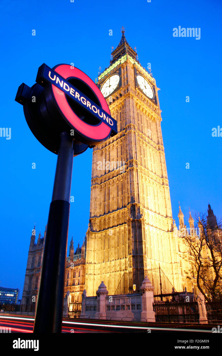 A view of Big Ben and the London Underground tube stop sign Stock Photo