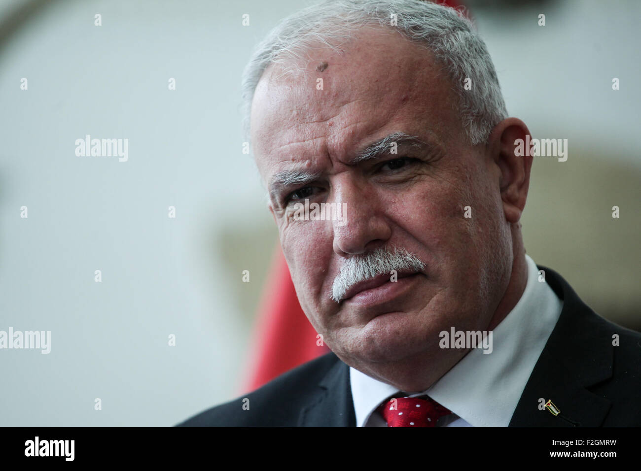 Caracas, Venezuela. 18th Sep, 2015. Palestinian Foreign Minister Riad al-Malki attends a press conference with his counterpart of Venezuela Delcy Rodriguez at the headquarters of the Foreing Ministry in Caracas, Venezuela, on Sept. 18, 2015. © Boris Vergara/Xinhua/Alamy Live News Stock Photo