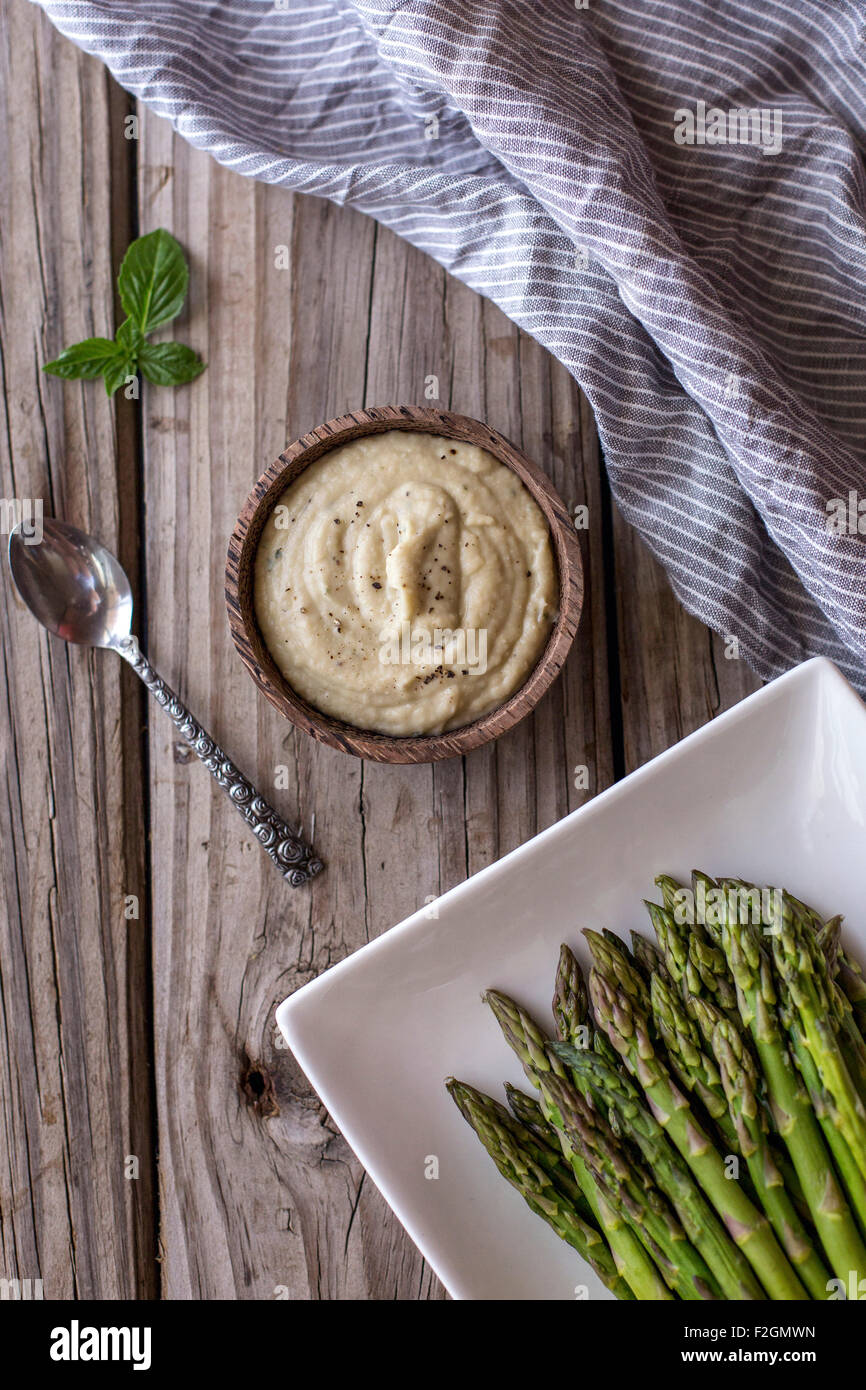 Steamed Asparagus served with White Bean and Artichoke Aioli Dip