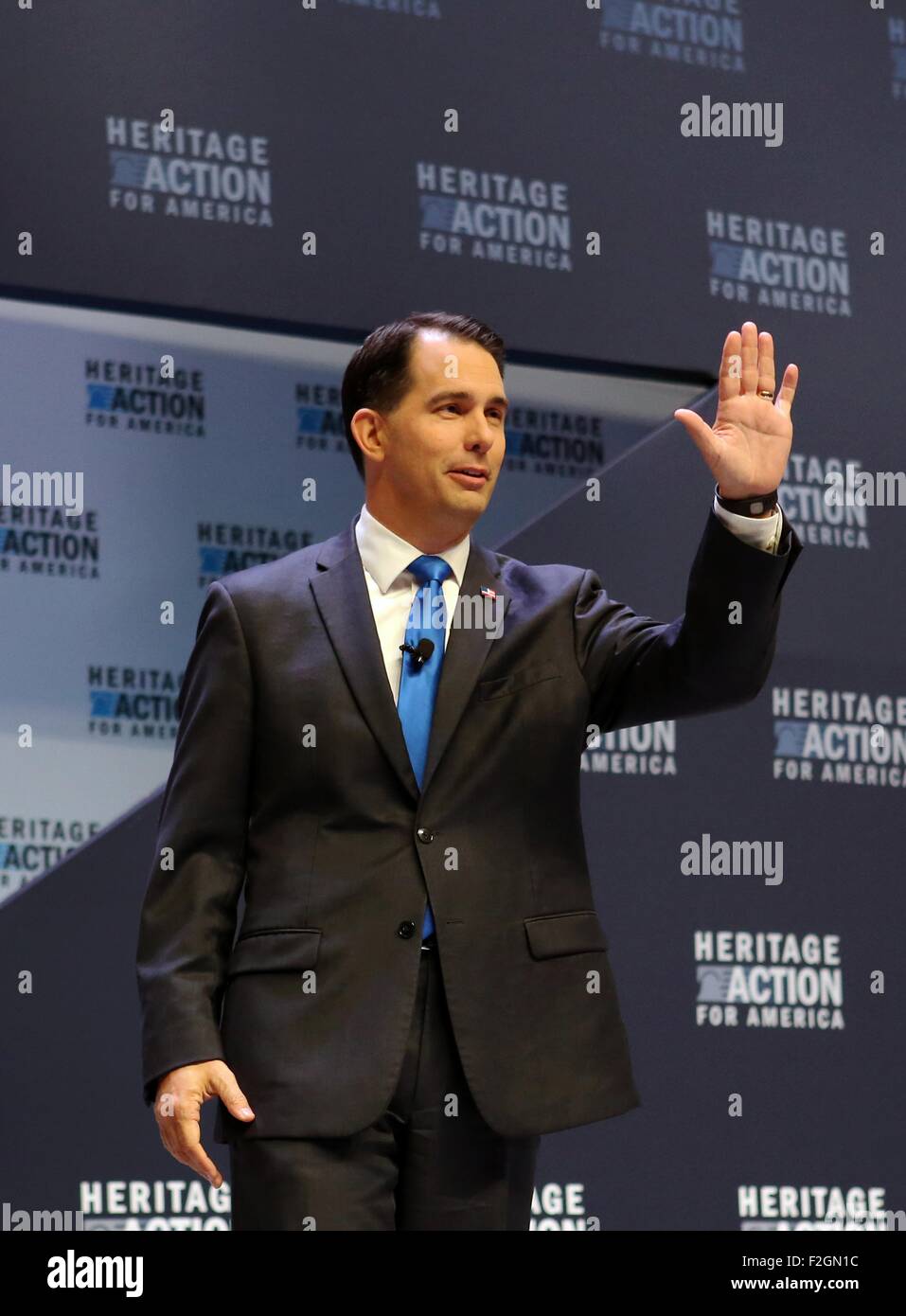 Greenville, South Carolina, USA. 18th September, 2015. Republican presidential candidate Gov. Scott Walker speaks at the Heritage Foundation Take Back America candidate forum September 18, 2015 in Greenville, South Carolina. The event features 11 presidential candidates but Trump unexpectedly cancelled at the last minute. Stock Photo