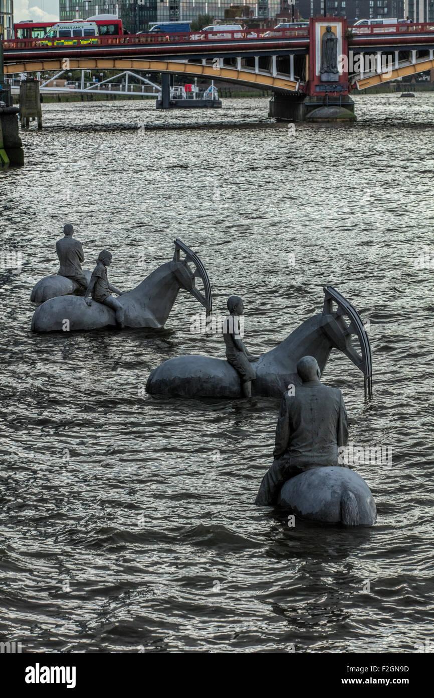 White horses sculpture in the water of the River Thames in London at