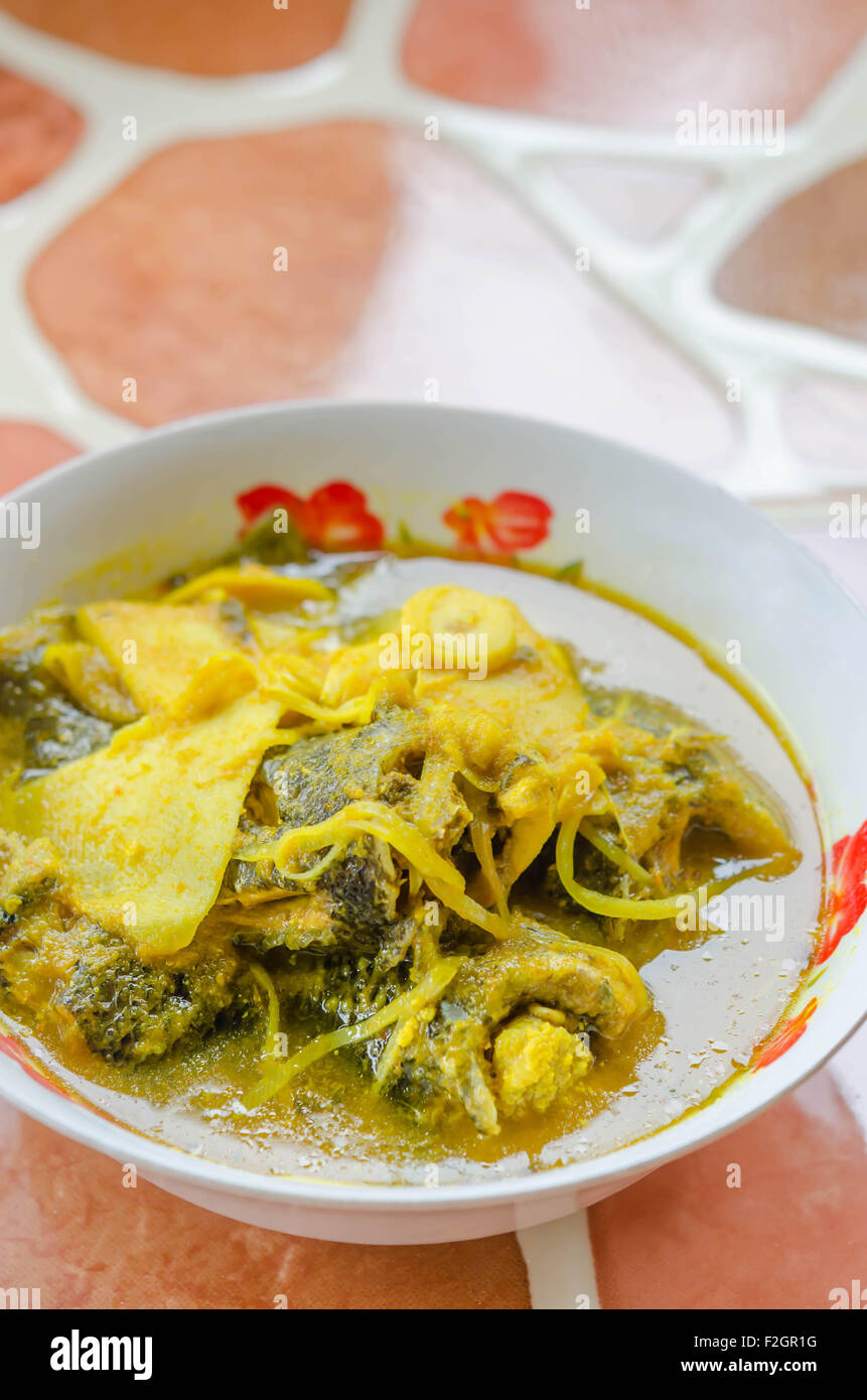 sour soup with fish and preserved bamboo shoot , thai southern style