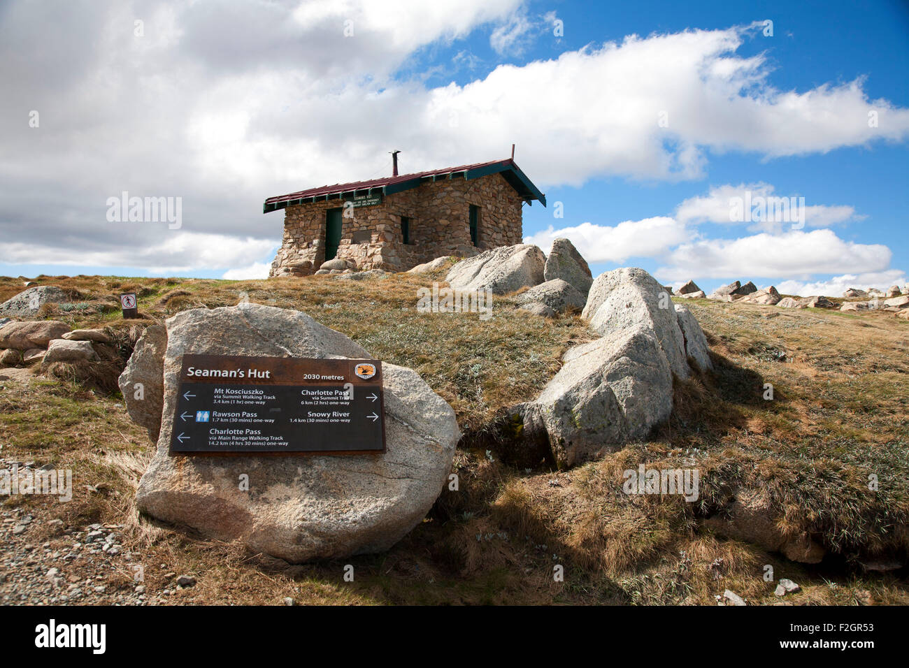 Seaman's Hut is an alpine hut and memorial located in Kosciuszko National Park New South Wales, Australia. Stock Photo