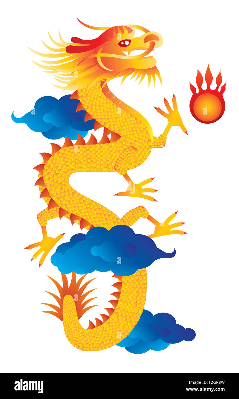 Chinese Lunar New Year Dragon with Flaming Pearl on Clouds Isolated on White Background Color Illustration Stock Photo