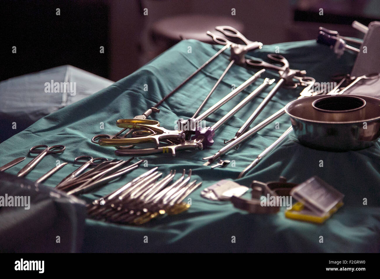surgeon equipment during a surgery on an operating room in a hospital in the Spanish island of Mallorca Stock Photo