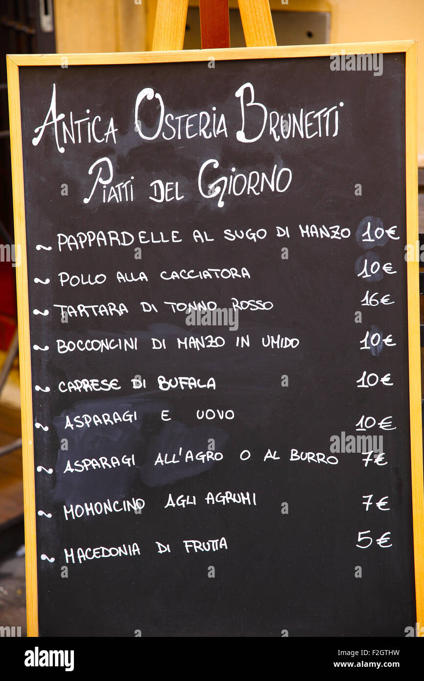 Menu board outside an osteria in Rome Italy. Stock Photo