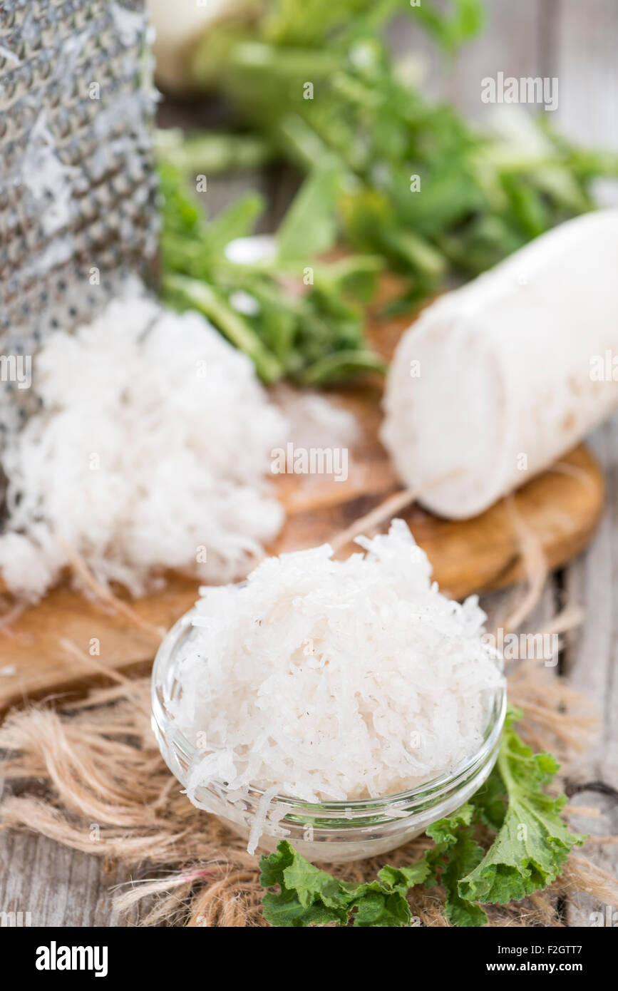 Portion of grated Horseradish on wooden background Stock Photo Alamy