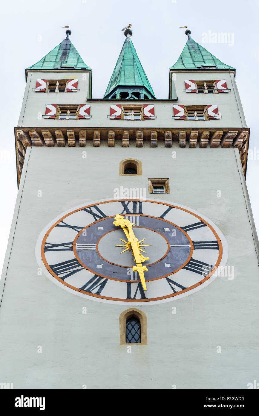 historical City Tower City Tower Straubing, Lower Bavaria, Town Square, Germany, Bavaria, Clock Tower watchtower Fire Tower hist Stock Photo