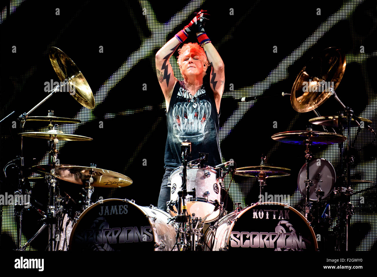 Toronto, Ontario, Canada. 18th Sep, 2015. German rock band Scorpions performed sold out show at Molson Canadian Amphitheatre in Toronto. In Picture: Drummer JAMES KOTTAK Credit:  Igor Vidyashev/ZUMA Wire/Alamy Live News Stock Photo
