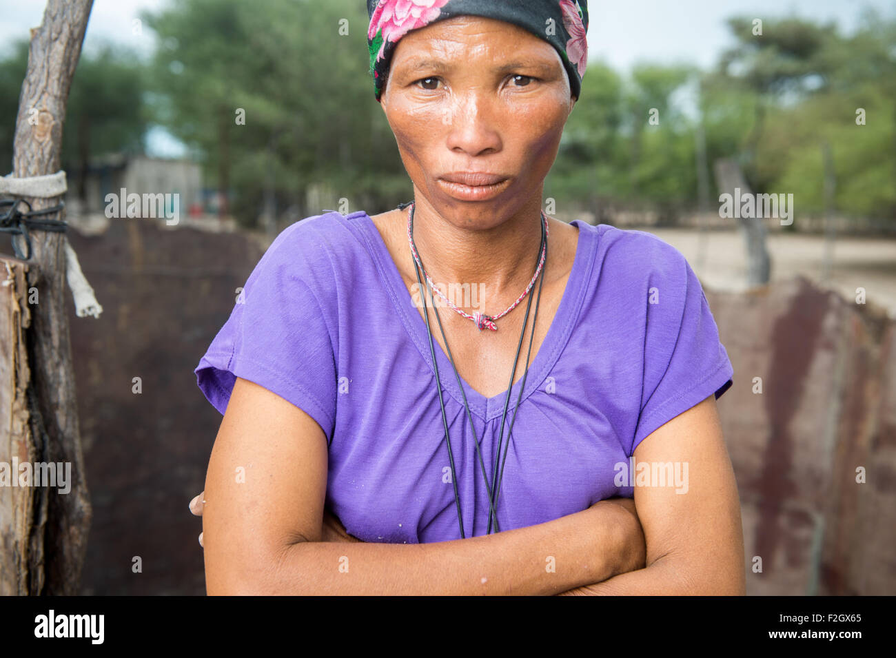 Ghanzi woman with colorful head wrap in Botswana, Africa Stock Photo