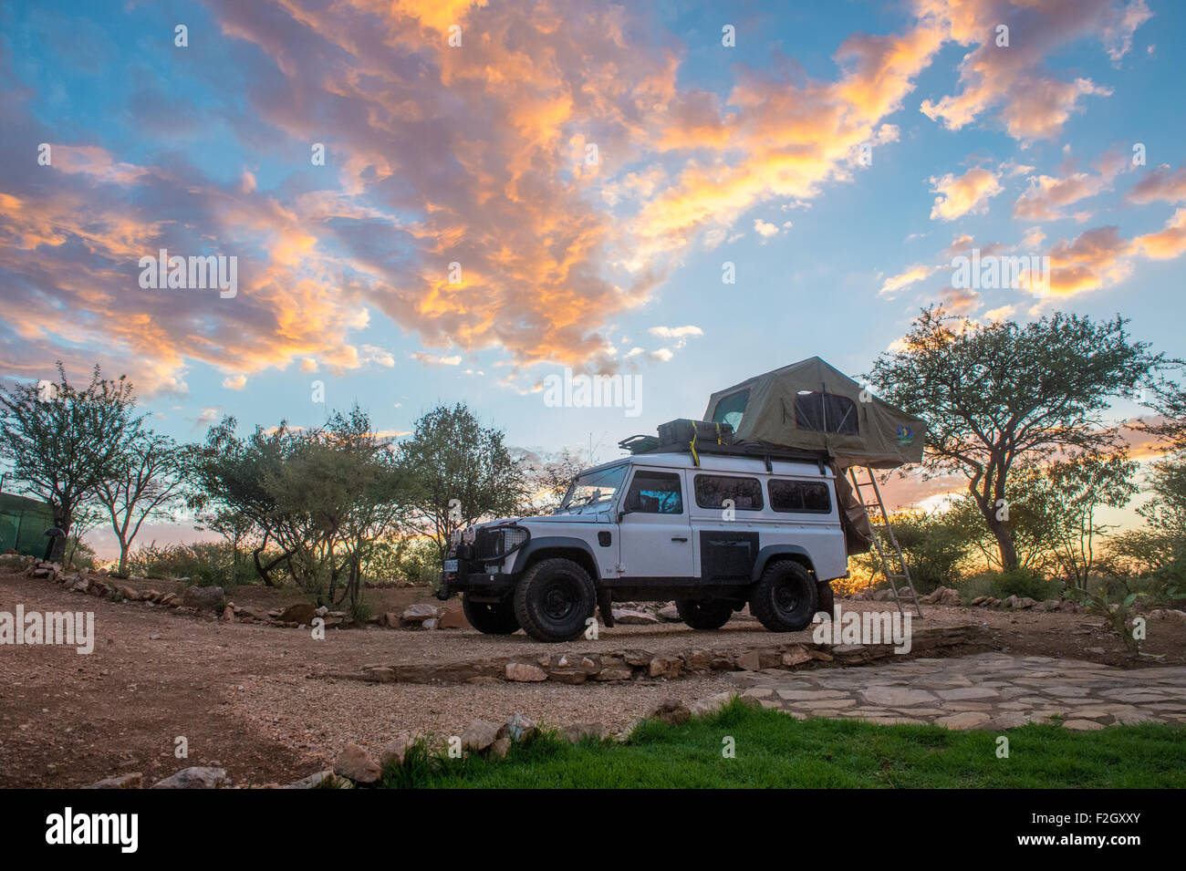 Land Rover parked and Camping in Botswana, Africa Stock Photo