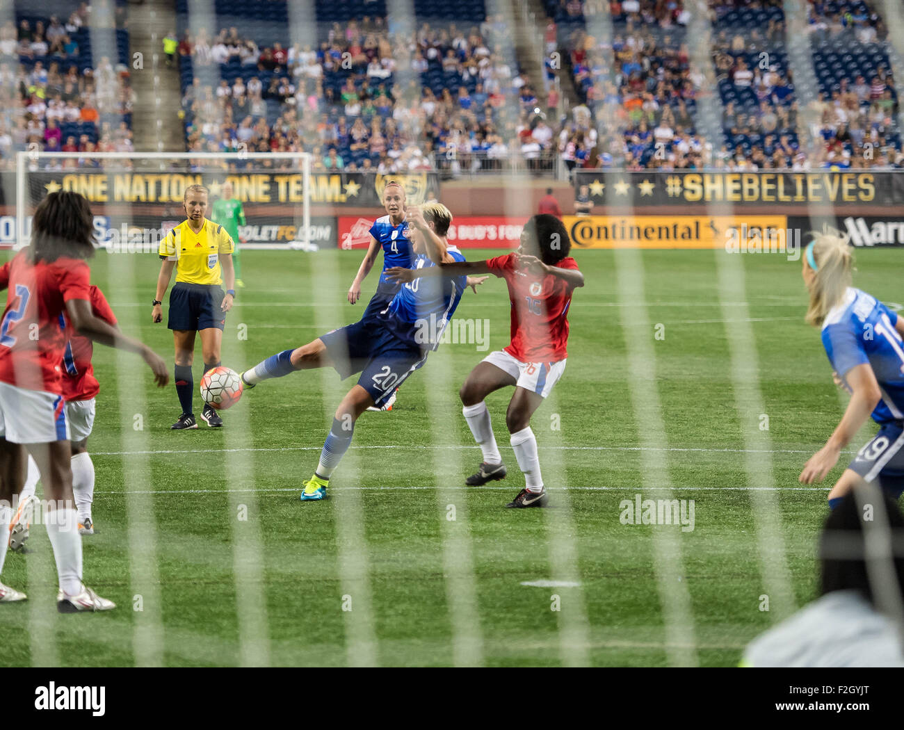 Detroit, Michigan, USA. 17th Sep, 2015. Abby Wambach, USA (20), takes a shot on goal during the International Friendly Soccer Match between the United States Women's National Team and the Haitian Women's National Team at Ford Field in Detroit, Michigan. USA won the match 5-0. Credit:  Scott Hasse/ZUMA Wire/Alamy Live News Stock Photo
