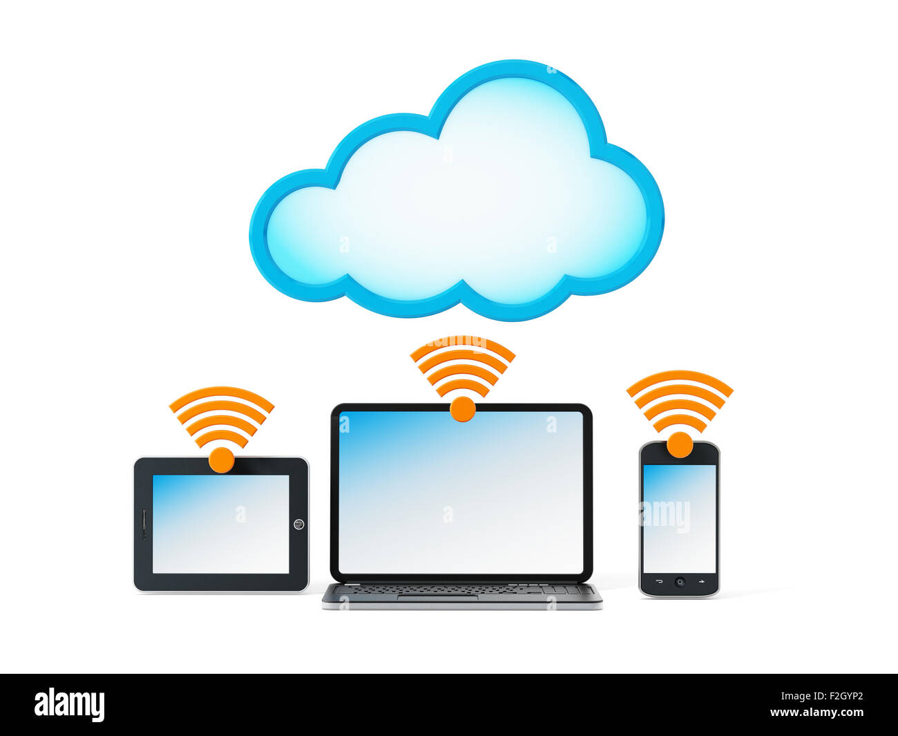 Laptop computer, smartphone and tablet computer connected to the cloud. Cloud computing concept. Stock Photo