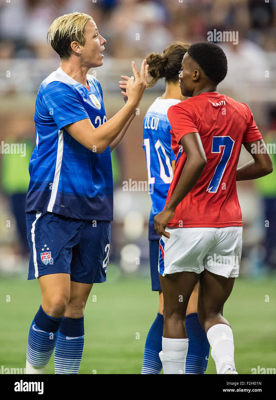 Detroit, Michigan, USA. 17th Sep, 2015. USA's Abby Wambach (20) gives her team direction during the International Friendly Soccer Match between the United States Women's National Team and the Haitian Women's National Team at Ford Field in Detroit, Michigan. USA won the match 5-0. Credit:  Scott Hasse/ZUMA Wire/Alamy Live News Stock Photo