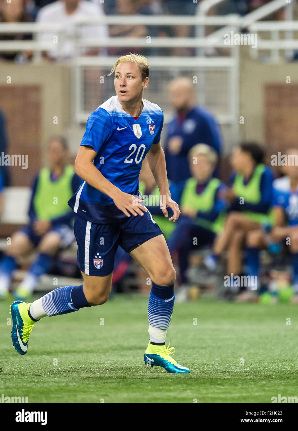 Detroit, Michigan, USA. 17th Sep, 2015. USA's Abby Wambach (20) during game action at the International Friendly Soccer Match between the United States Women's National Team and the Haitian Women's National Team at Ford Field in Detroit, Michigan. USA won the match 5-0. Credit:  Scott Hasse/ZUMA Wire/Alamy Live News Stock Photo