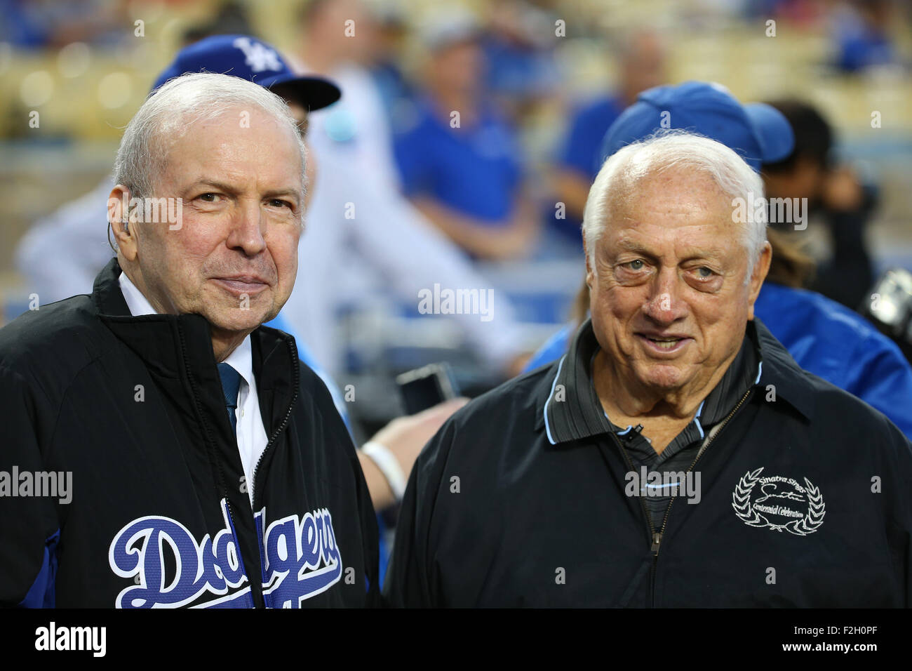 Los Angeles, CA, USA. 18th Sep, 2015. Frank Sinatra Jr. and Tommy Lasorda chat before Frank Sinatra Night at Dodger Stadium in the game between the Pittsburg Pirates and the Los Angeles Dodgers, Dodger Stadium in Los Angeles, CA. Photographer: Peter Joneleit for Cal Sport Media/Alamy Live News Stock Photo