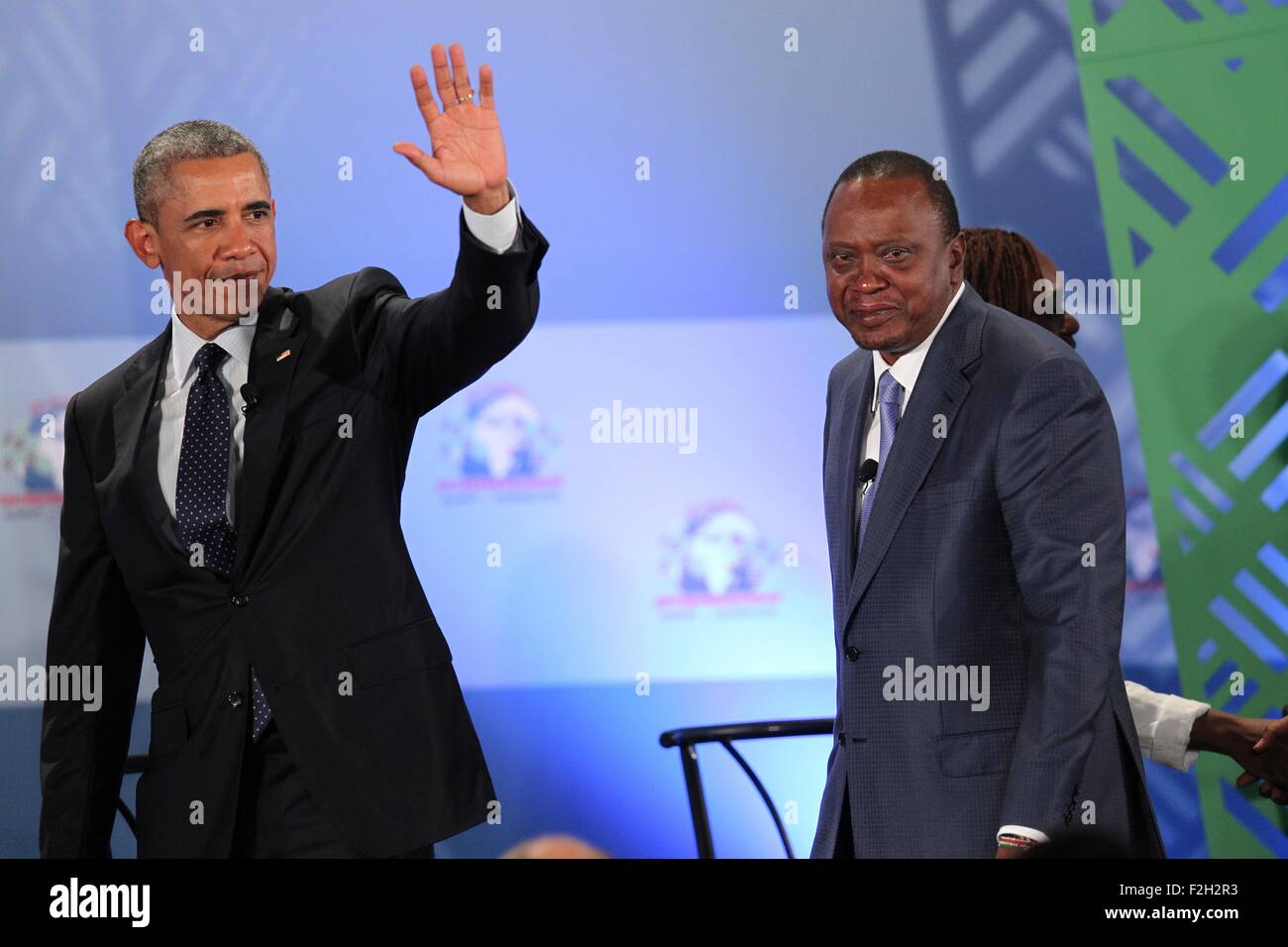 US President Barack Obama and Kenyan President Uhuru Kenyatta leave the stage after taking part in a panel discussion at the Global Entrepreneurship Summit at the United Nations Compound July 25, 2015 in Nairobi, Kenya. Stock Photo