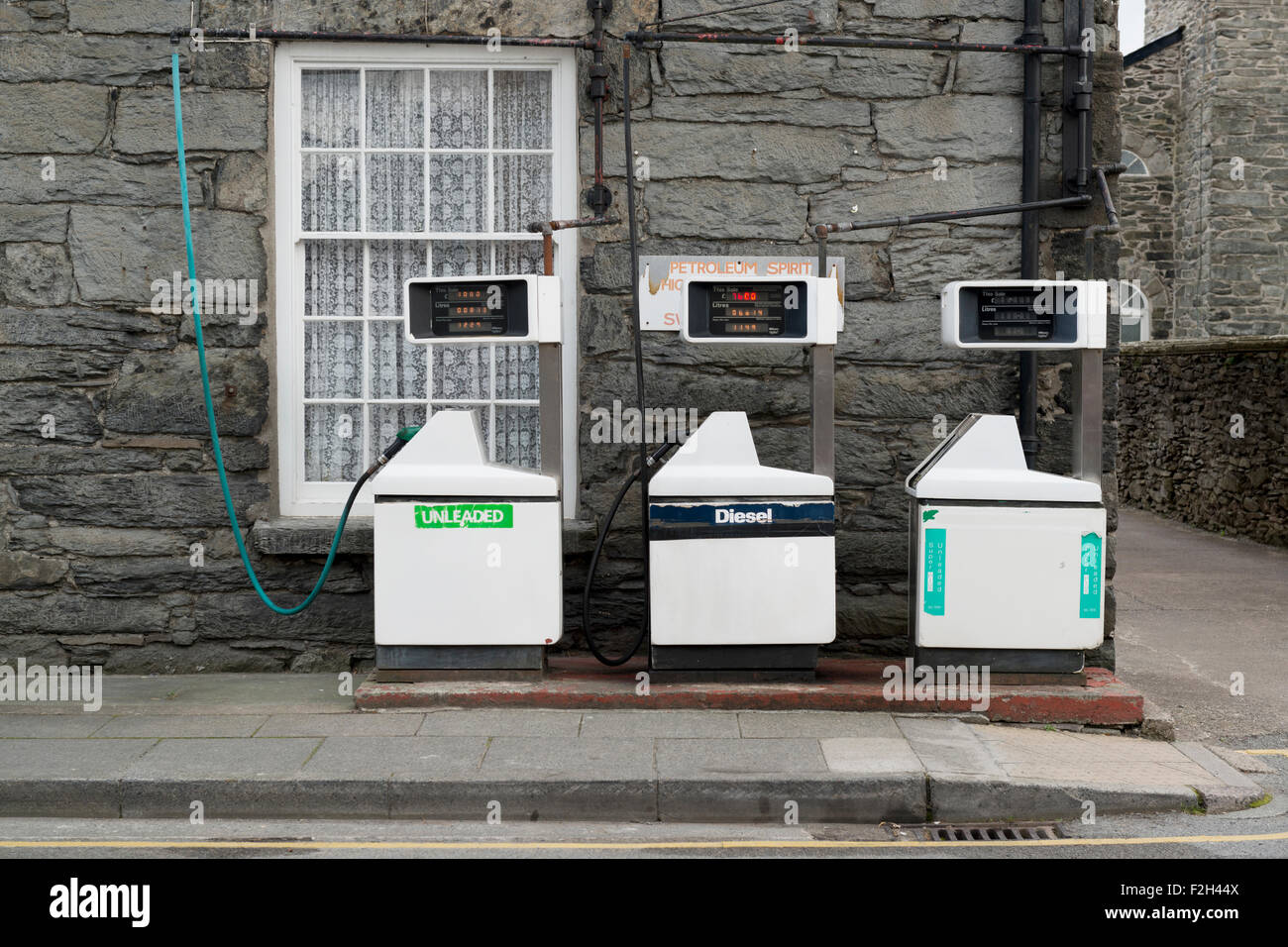 A small quirky petrol filling station in the small Welsh town of Bala in Gwynedd in Wales, UK. Stock Photo