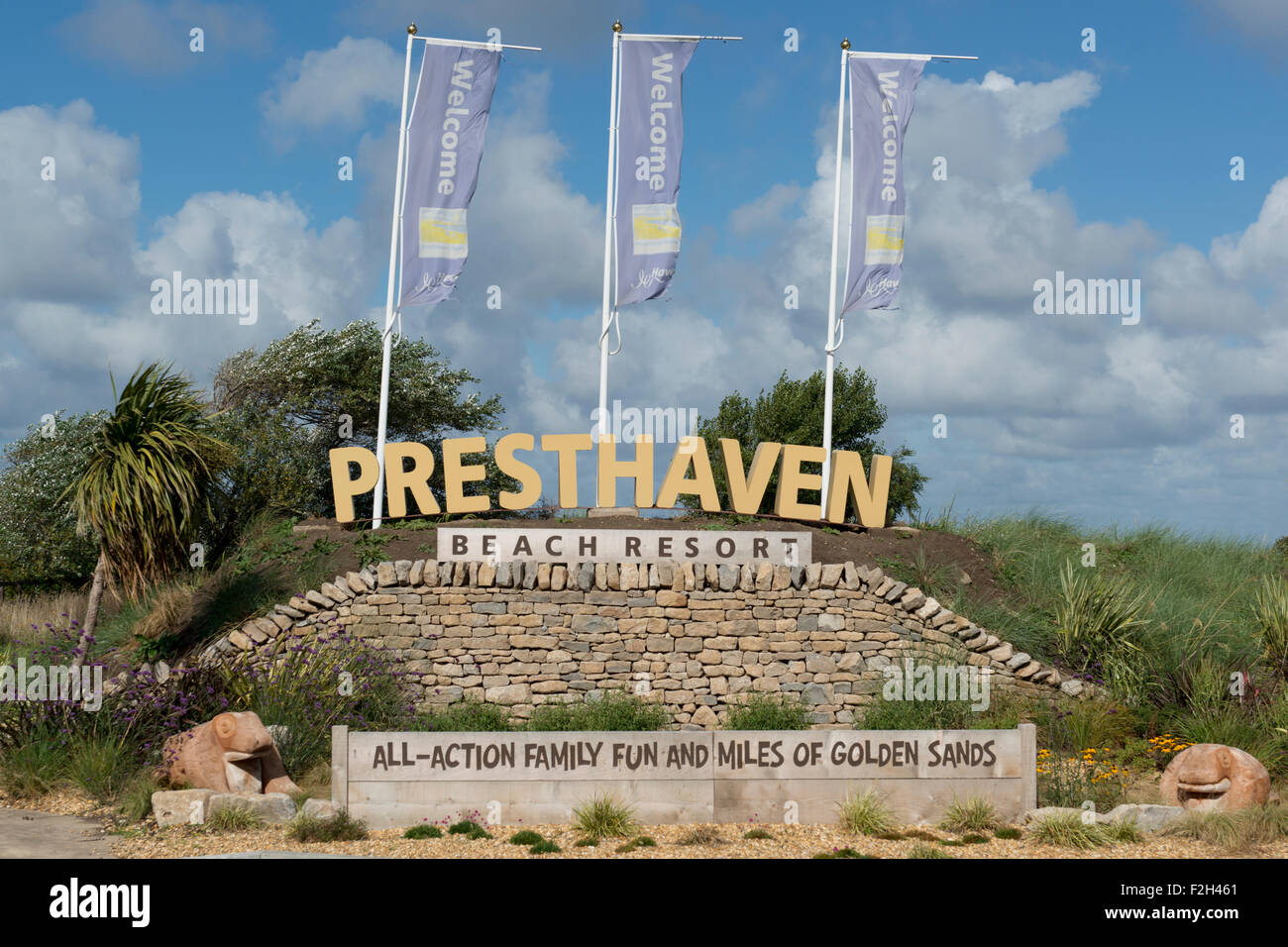 The entrance to Presthaven sands caravan park at Gronant in Flintshire, close to Prestatyn in Denbighshire. Stock Photo