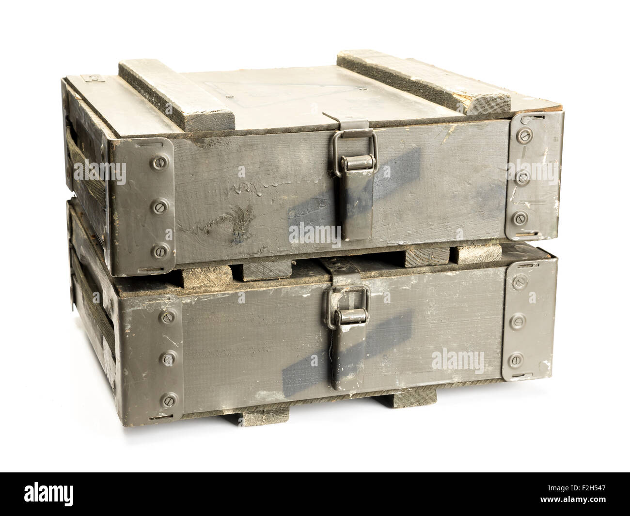 Two old wooden ammunition boxes shot on white background Stock Photo
