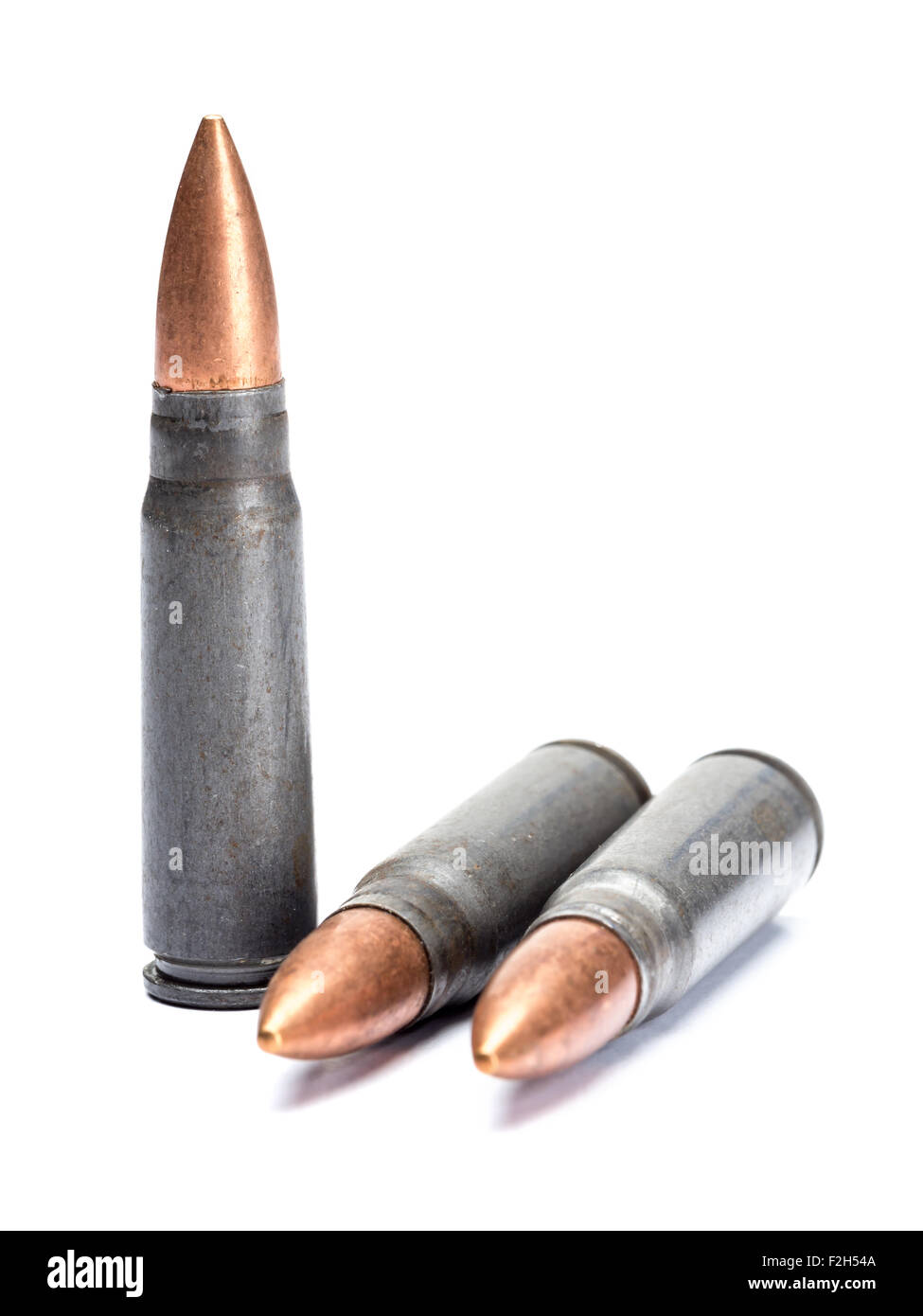 Three rifle bullets shot on white Stock Photo