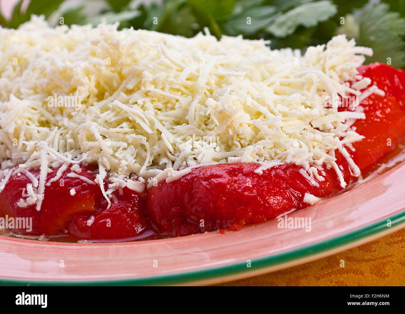 Grated cheese with red sweet pepper Stock Photo