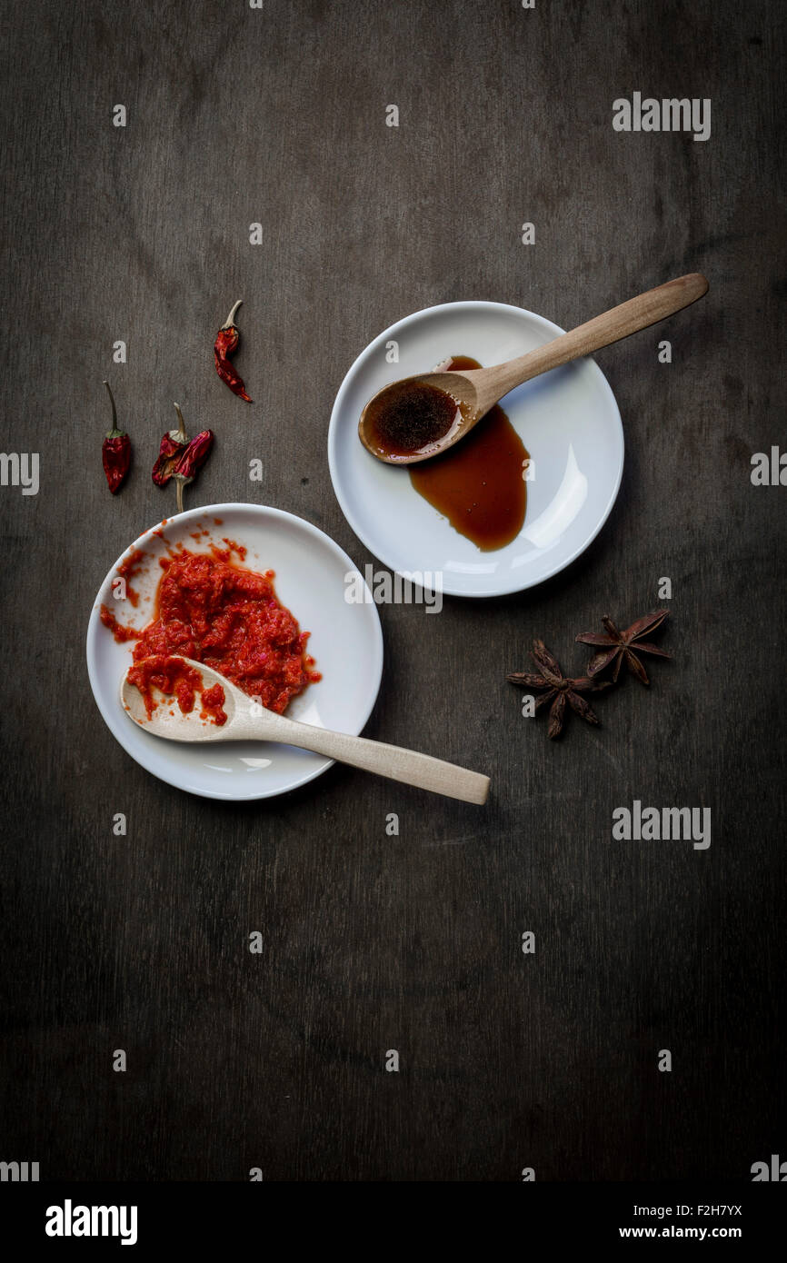 Seasoning sauces on plates with wooden spoons. Top view Stock Photo Alamy