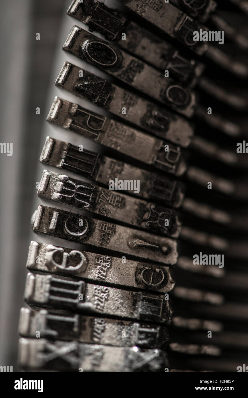 Metal letters on typewriter. Close up macro Stock Photo
