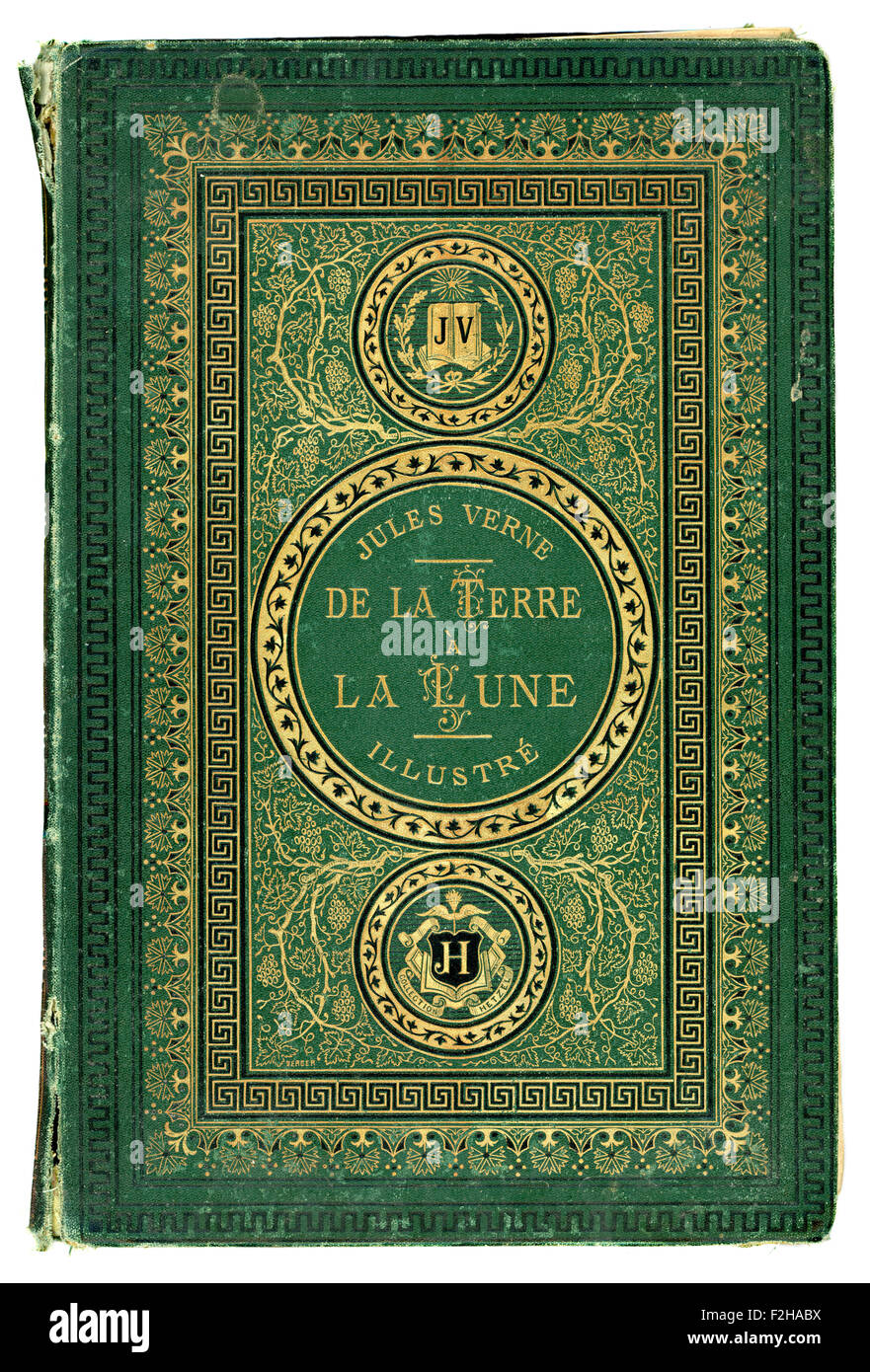 Antique book cover of the Jules Verne novel De La Terre a La Lune (From the Earth to the Moon). Stock Photo