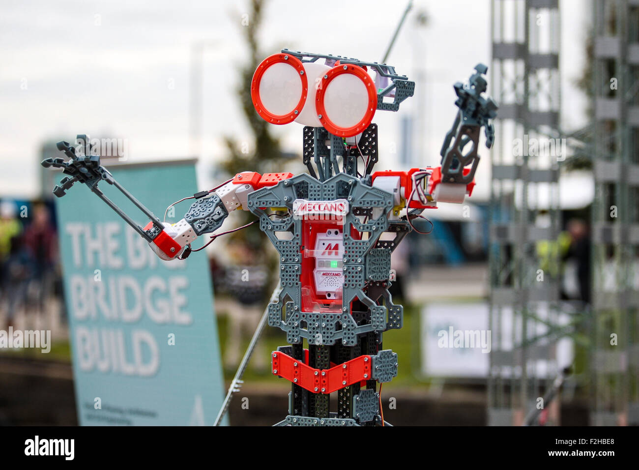 Clarendon Dock, Belfast, UK.19th September 2015. Meccano's new Meccanoid  GS15 KS Robot! who offically opened the 100 foot Meccano Bridge. Local  school children along with Queen's University Belfast, students and  academics set