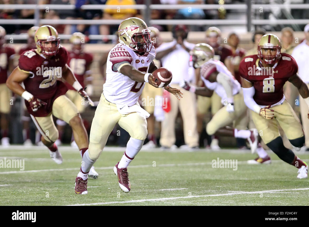 September 18, 2015; Chestnut Hill, MA, USA; Florida State Seminoles quarterback Everett Golson (6) is pursued by Boston College Eagles linebacker Matt Milano (28) and Boston College Eagles defensive lineman Harold Landry (8) during the NCAA football game between the Boston College Eagles and Florida State Seminoles at Alumni Stadium. Florida State defeated Boston College 14-0. Anthony Nesmith/Cal Sport Media Stock Photo
