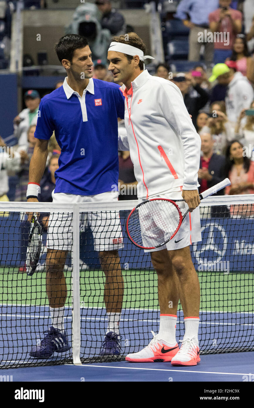 Novak Djokovic (SRB) winner and Roger Federer (SUI) prior to the Men's Final at the  2015 US Open Tennis Stock Photo