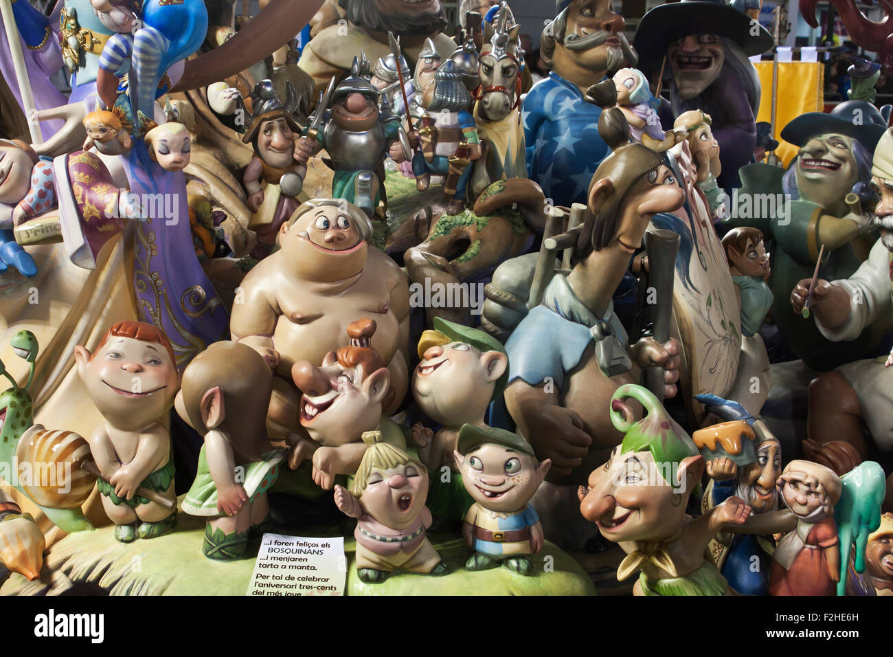 Las Fallas festival, Valencia, Spain, image shows an assembly of small figurine ninot of children, gnomes, cartoon characters, Stock Photo