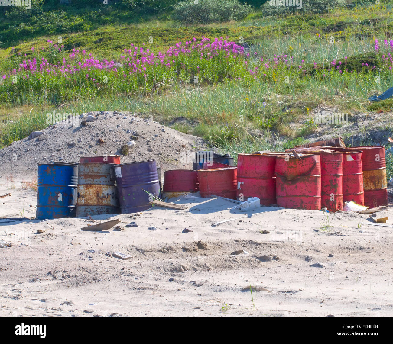 barrels fuel gas station on sand pollution Stock Photo Alamy