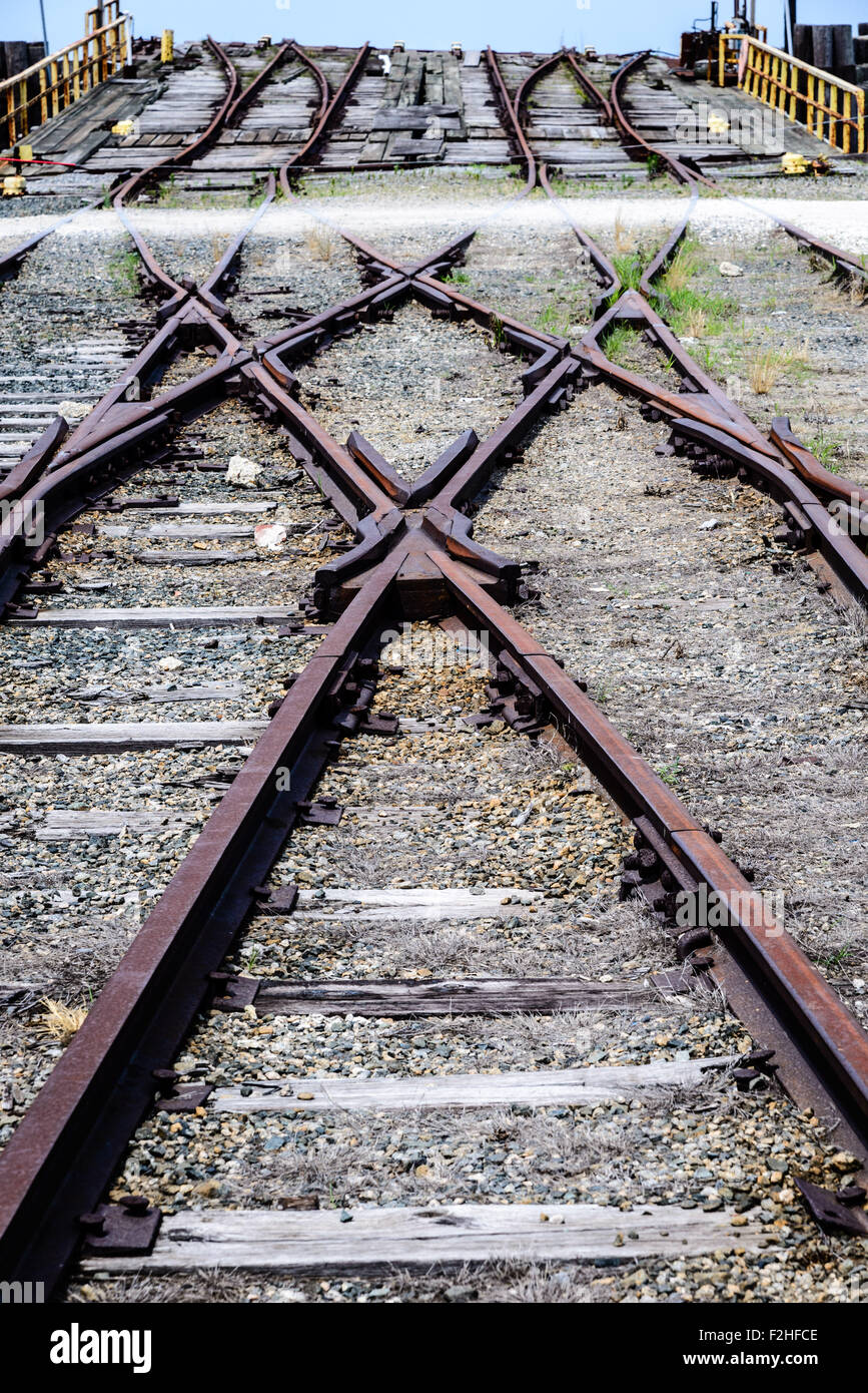 Cross-over tracks at ramp to Car Float loading dock, Bay Coast Railroad, Cape Charles, Virginia Stock Photo