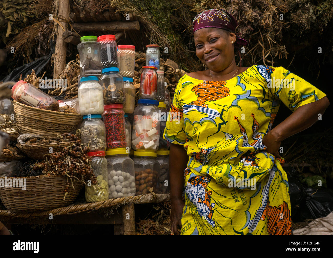 Benin, West Africa, Porto-Novo, woman in the herbal market Stock Photo