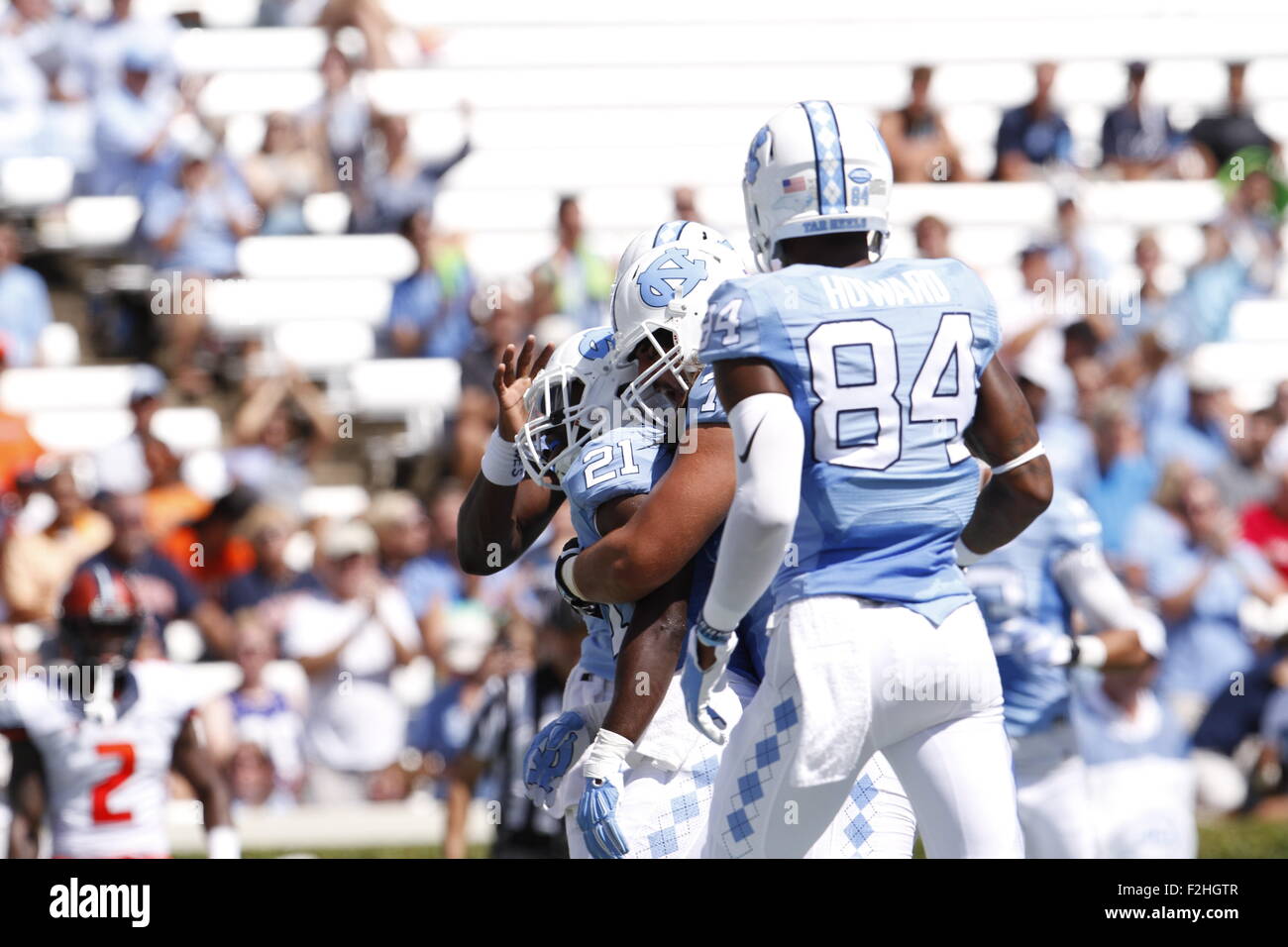 September 19, 2015: Romar Morris (21) of the North Carolina Tar Heels celebrates with teammates after making the catch for the first touchdown of the NCAA football matchup between the Fighting Illini of Illinois and the North Carolina Tarheels at Kenan Memorial Stadium in Chapel Hill, NC. Scott Kinser/CSM Stock Photo