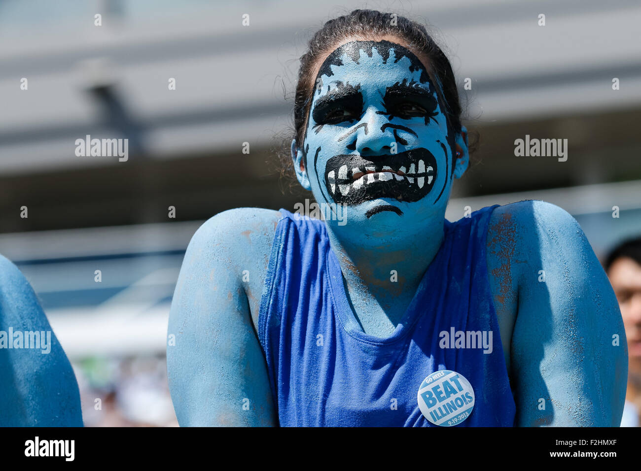 Chapel Hill, NC, USA. 19th Sep, 2015. Fan dawns the face paint for the NCAA  football matchup between the Fighting Illini of Illinois and the North  Carolina Tarheels at Kenan Memorial Stadium