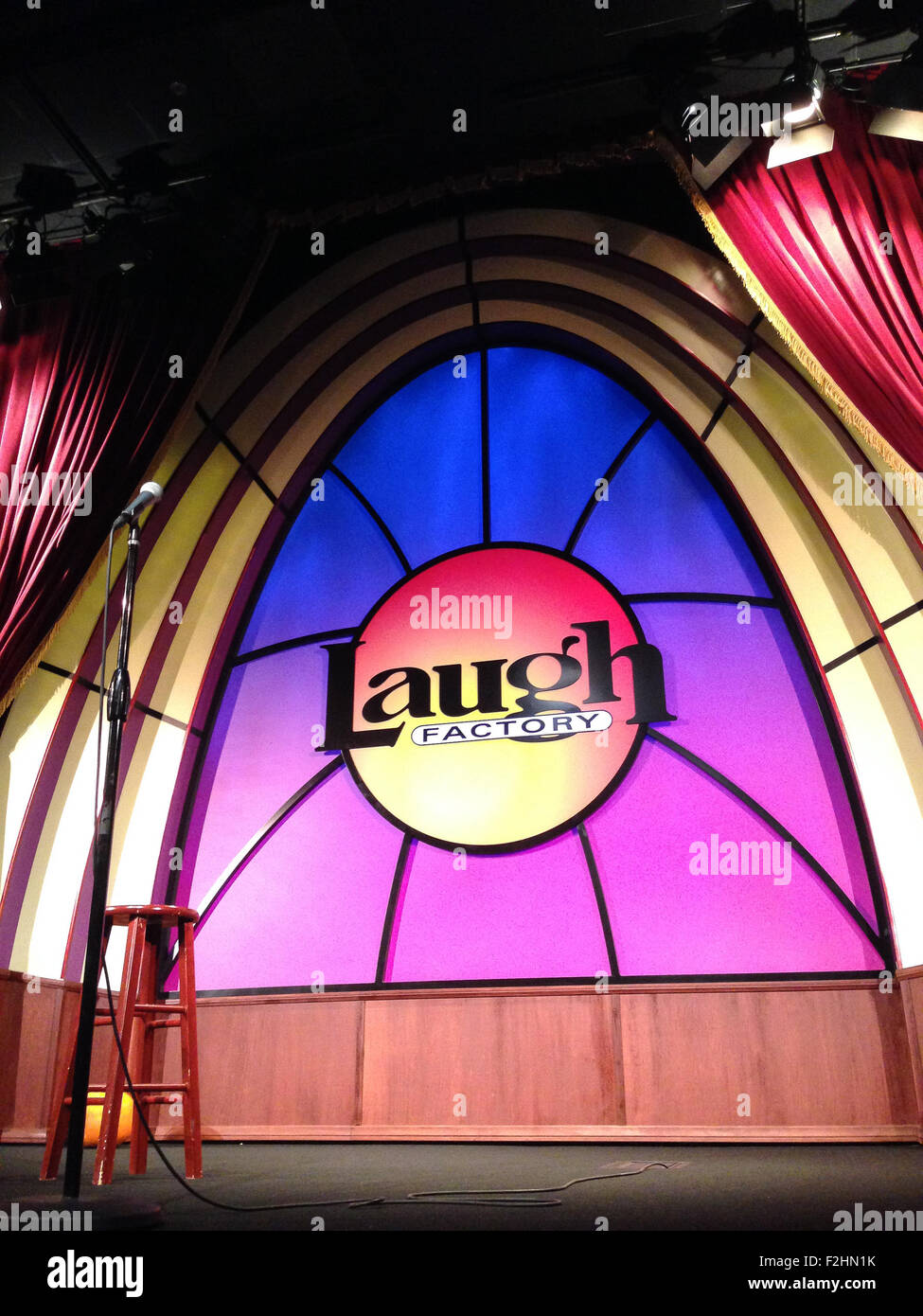 Empty stage at the Laugh Factory in Chicago, IL, USA. Stock Photo