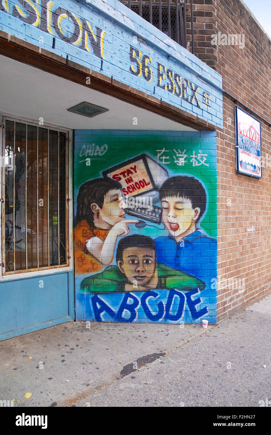 Artwork in a Lower East Side school asking kids to stay in school in Manhattan, New York, NY, USA. Stock Photo