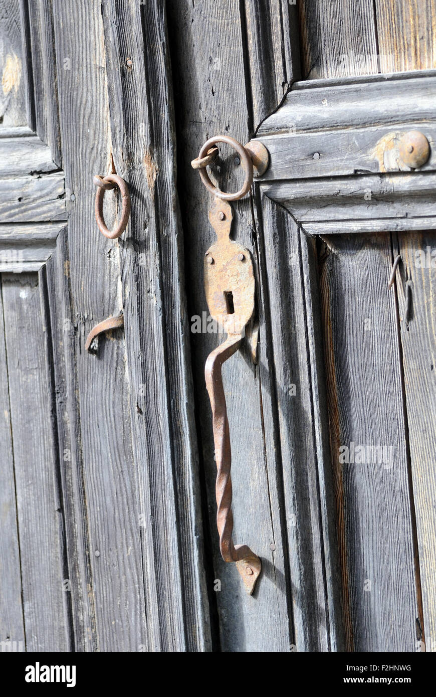 Ancient house door with iron fittings. Berat, Albania. Stock Photo