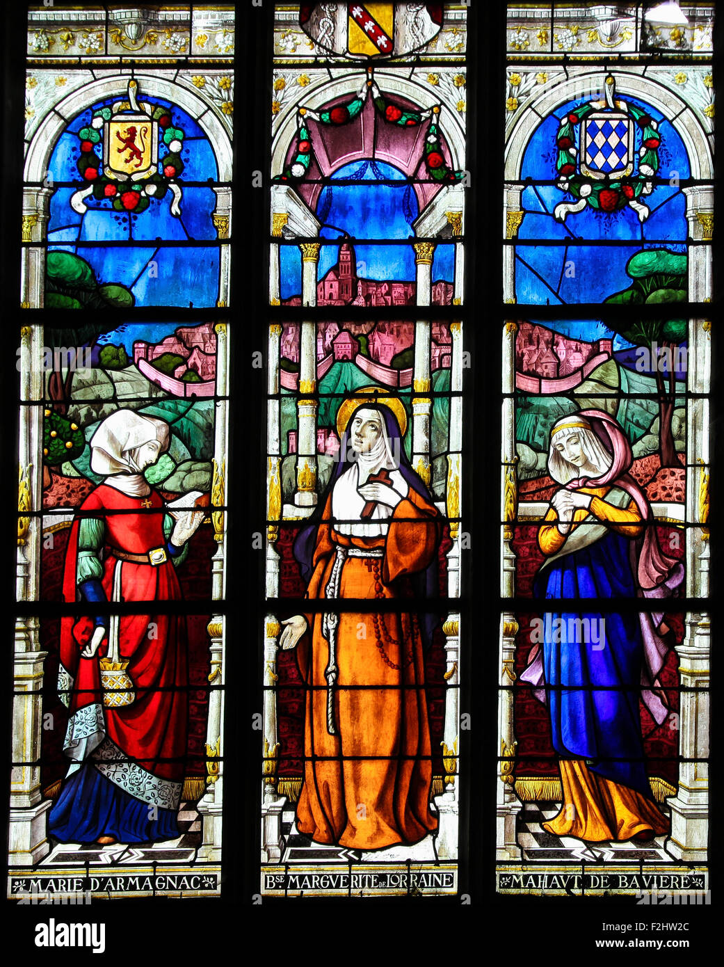 MORTAGNEAUPERCHE, FRANCE JULY 20, 2015 Stained Glass depicting the