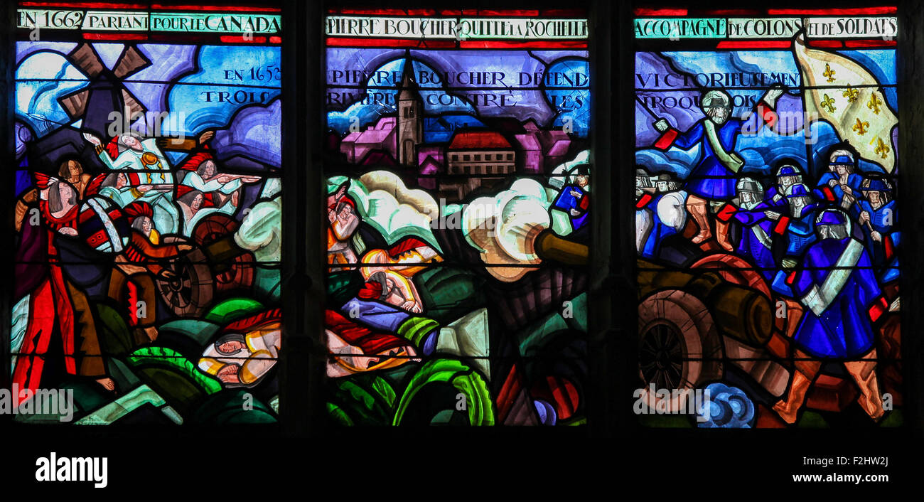 Stained Glass depicting a battle between the Iroquois and French in Quebec (17th Century) Stock Photo