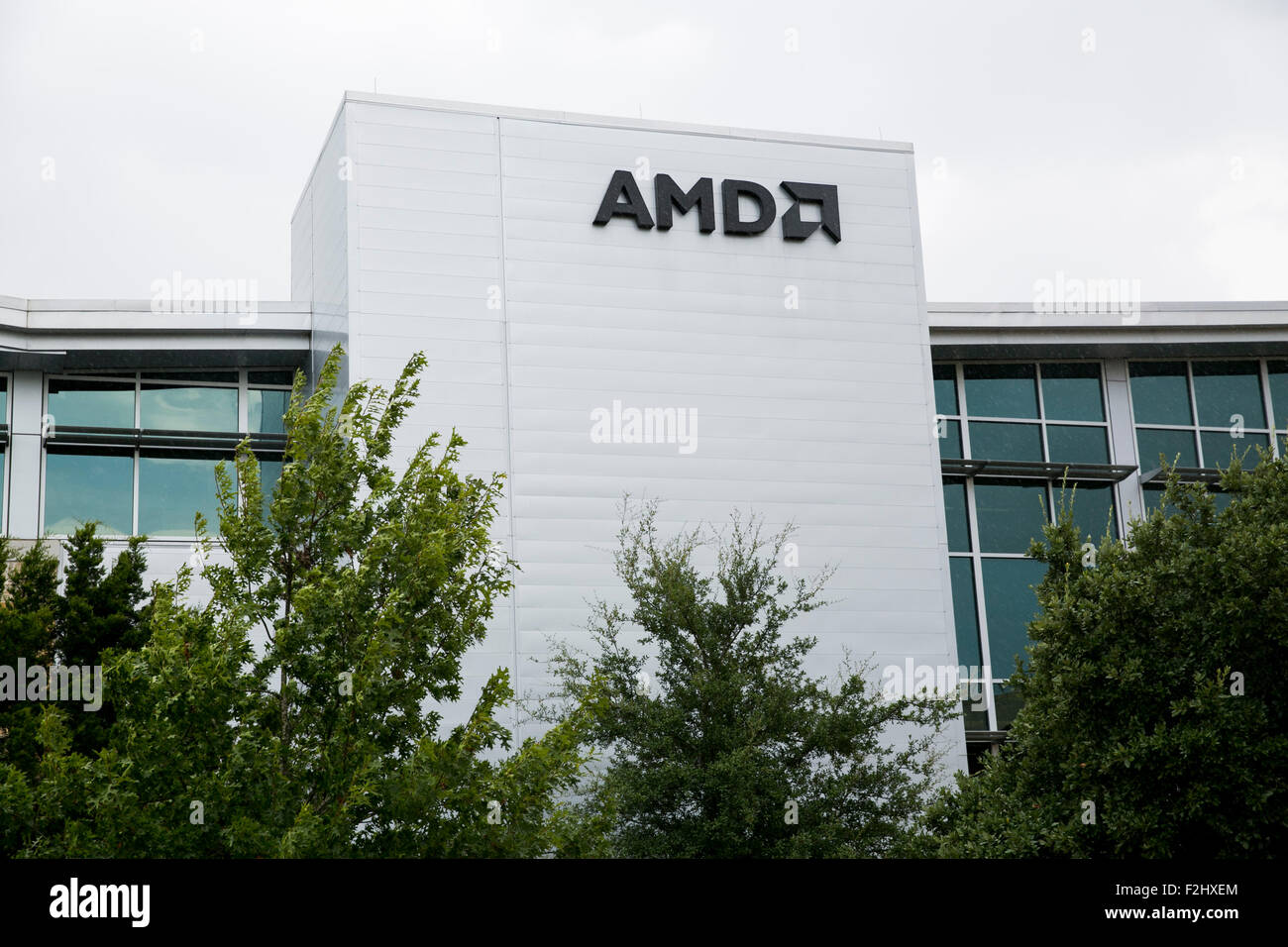 A logo sign outside of a facility occupied by Advanced Micro Devices, Inc., also known as AMD, in Austin, Texas on September 11, Stock Photo