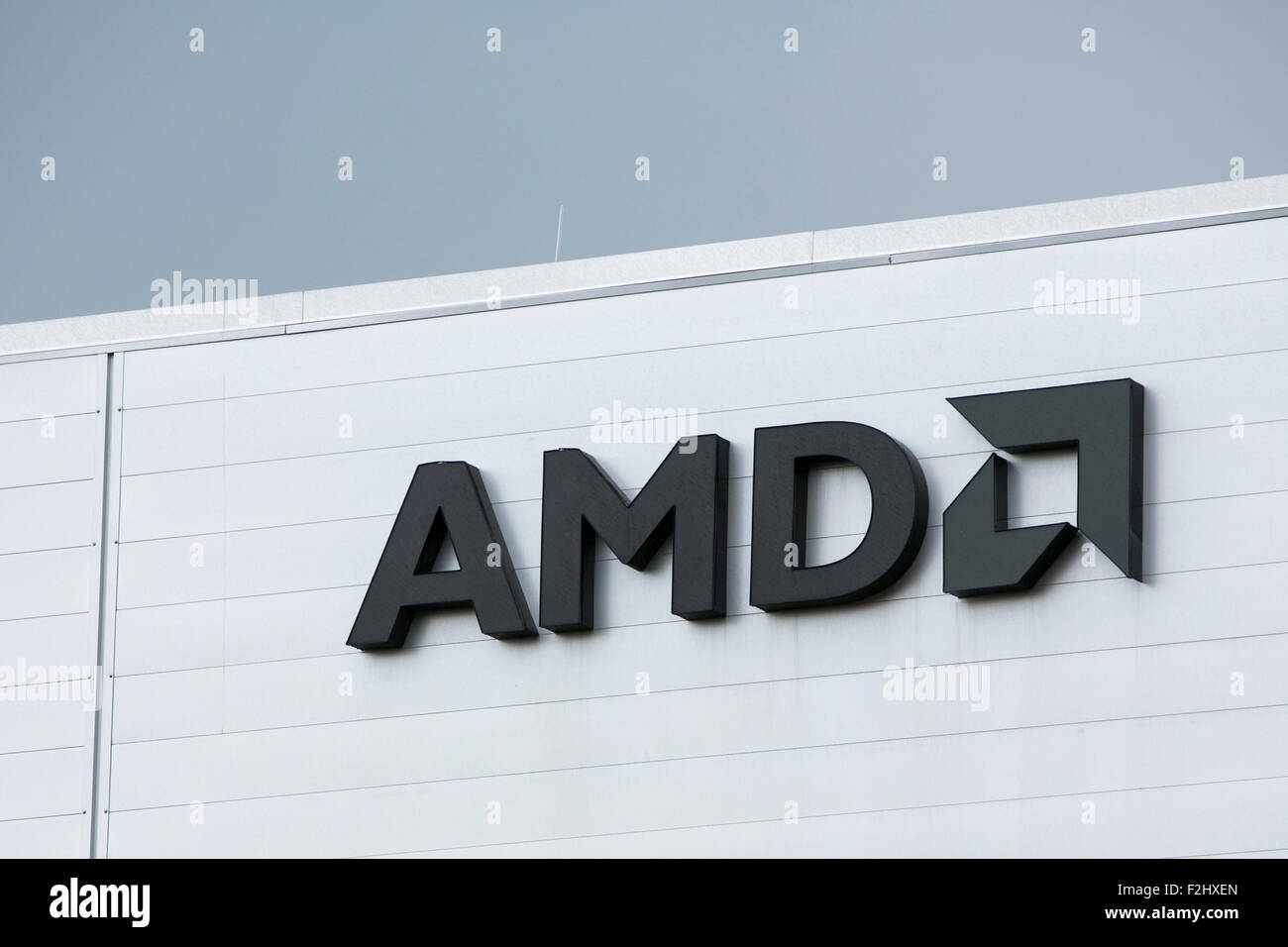 A logo sign outside of a facility occupied by Advanced Micro Devices, Inc., also known as AMD, in Austin, Texas on September 11, Stock Photo